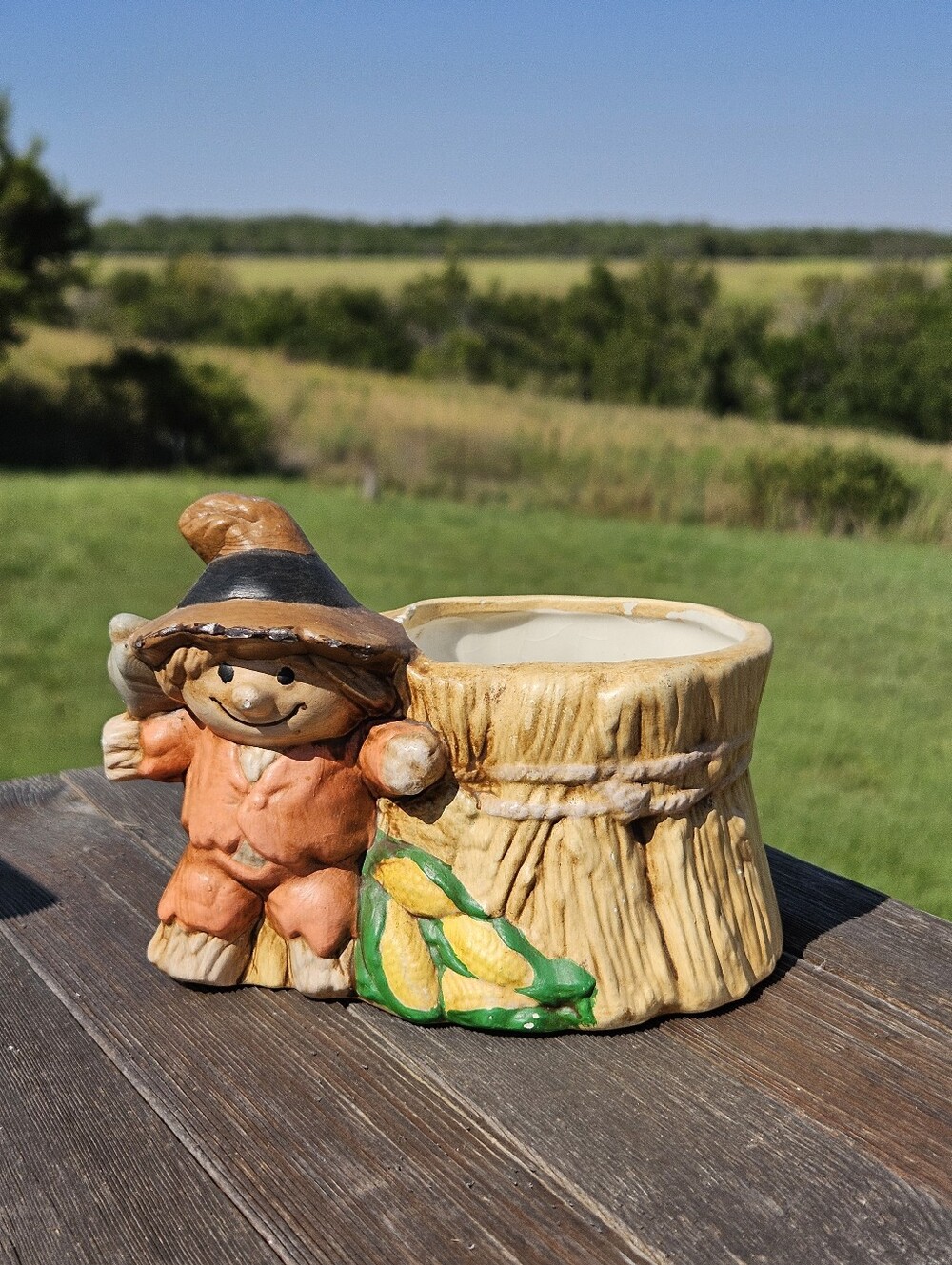 Vintage Ceramic Scarecrow Planter Fall Harvest Halloween Thanksgiving Flower Pot
